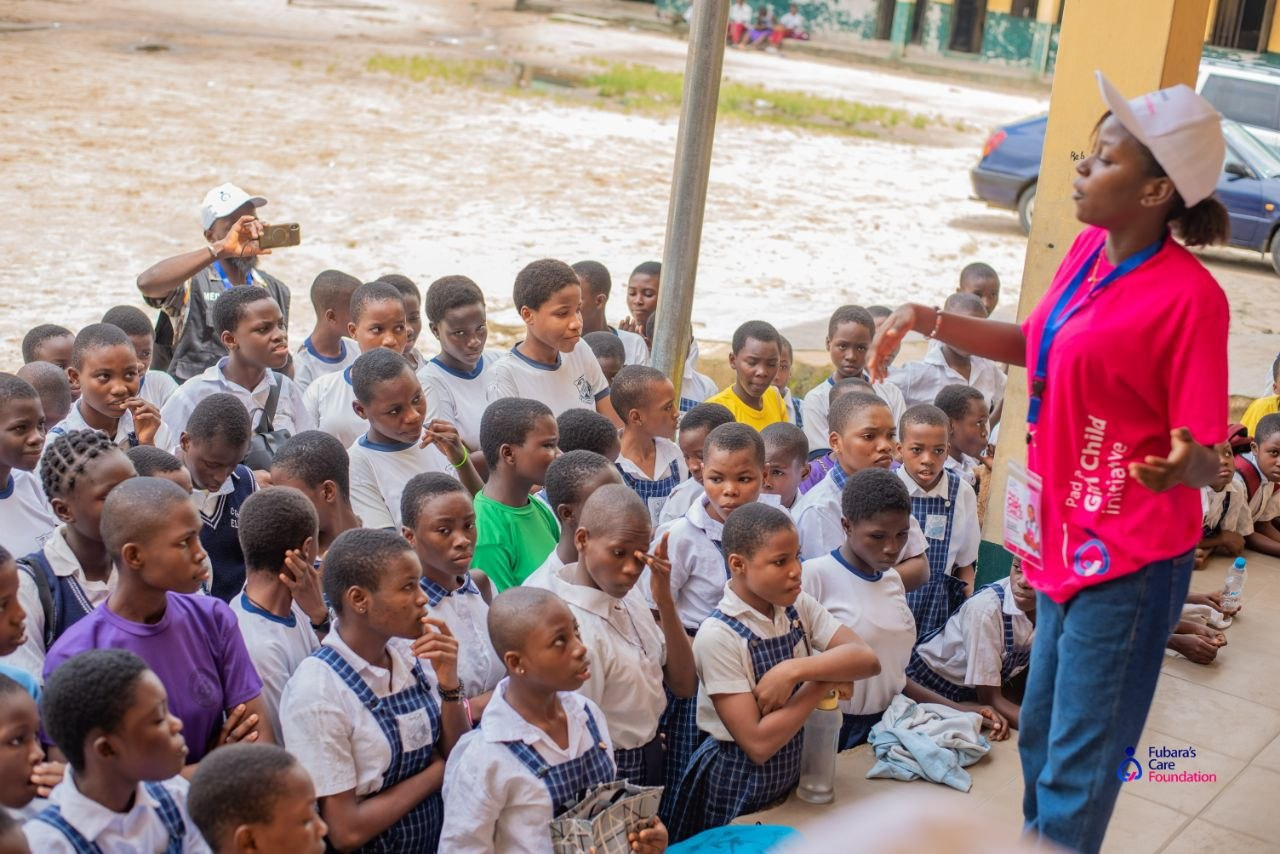 Students of Community Girls Secondary School, Elelenwo listening during the menstrual health talk