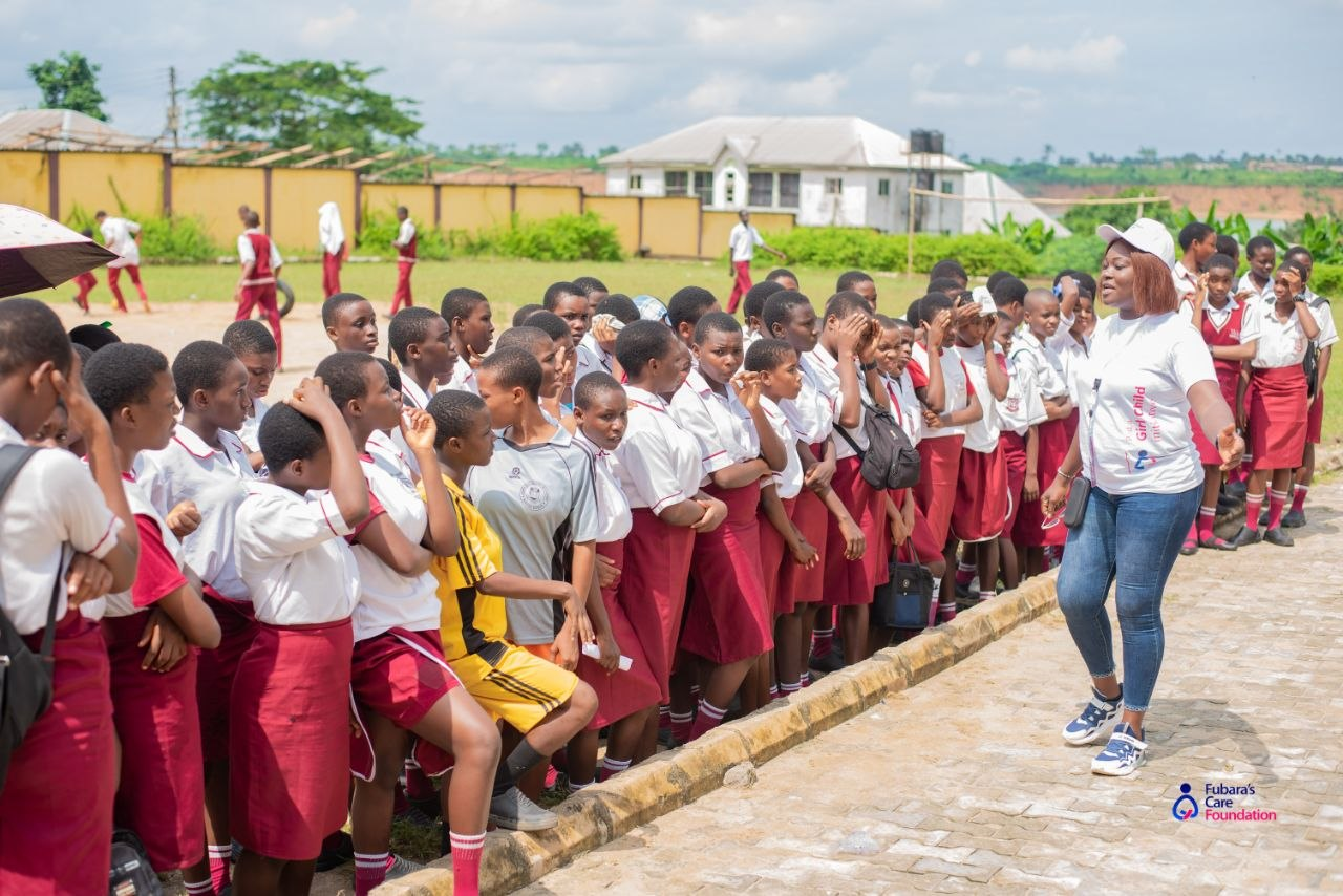 Students of Community Senior Secondary School, Akpajo assembled for the Pad a Girl Child session
