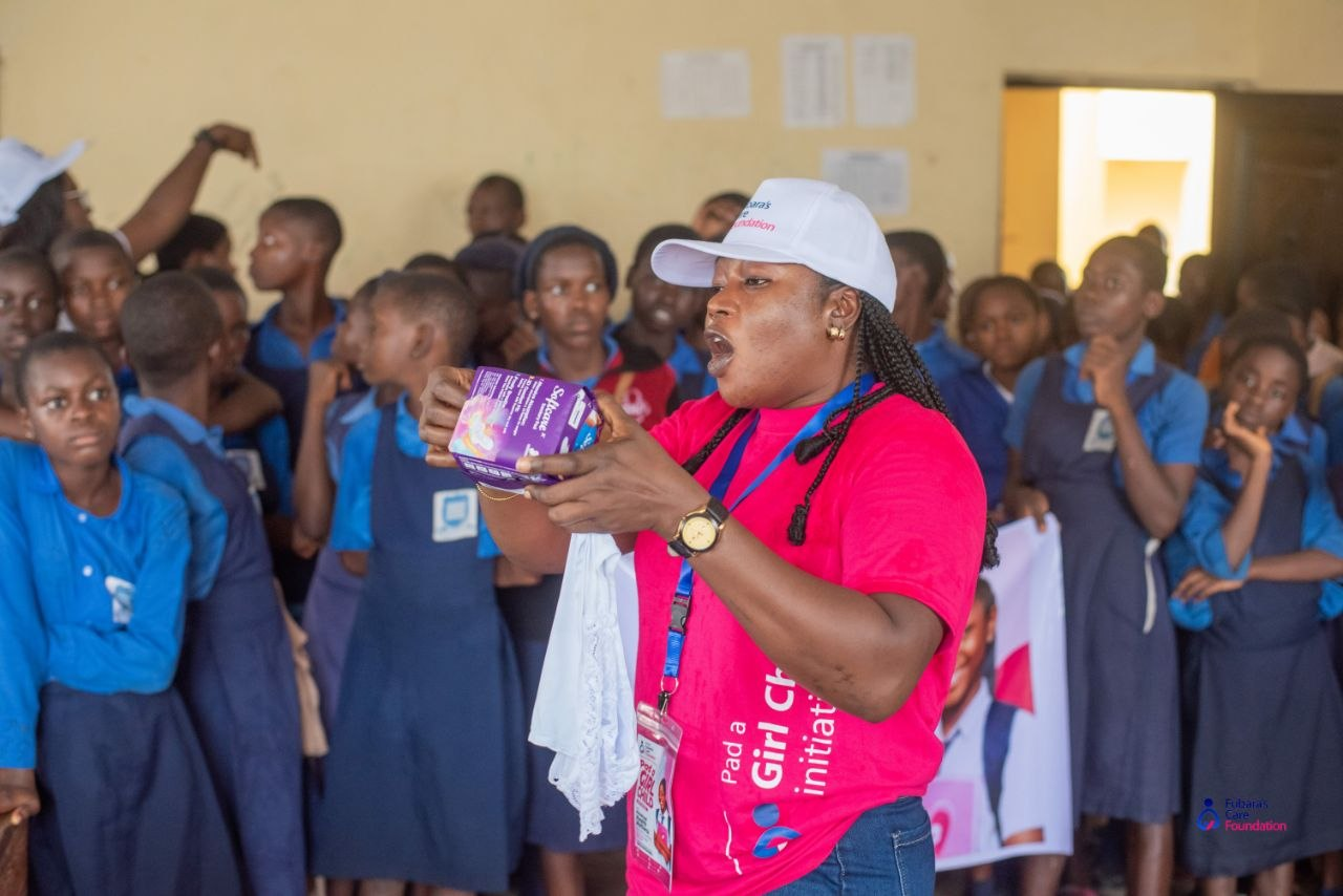 Practical demonstration on correct sanitary pad use for students at Oba-Ama High School, Bakana