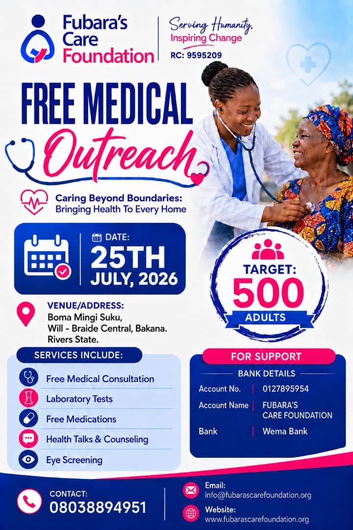 Free Medical Outreach flyer — 25th July 2026, Bakana, Rivers State